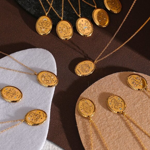 ARIES--NEW 18K Gold Plated ARIES Sign Zodiac Oval Pendant Necklace - Picture 5 of 5